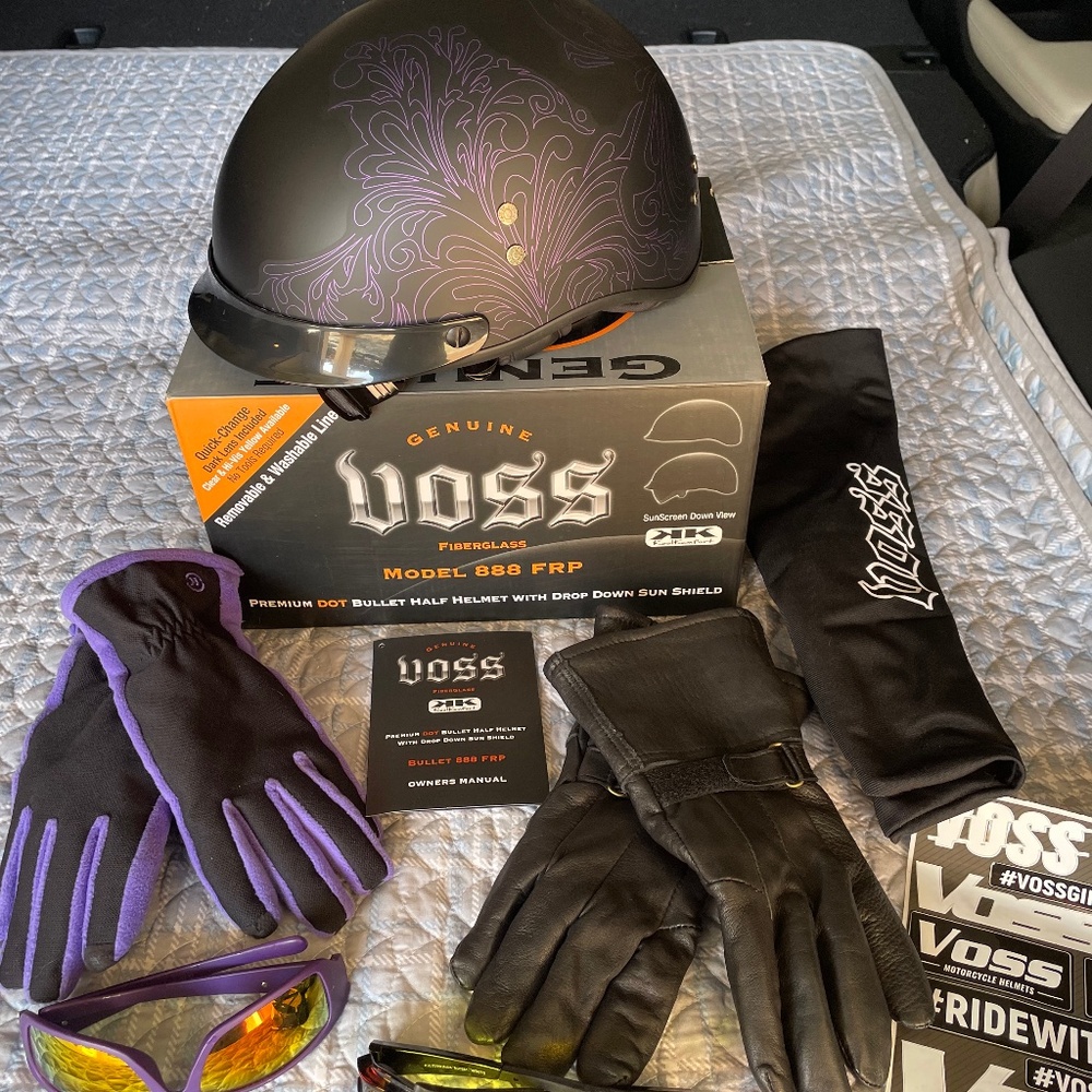 Voss Half Helmet DOT approved. Leather vest. Worn once.